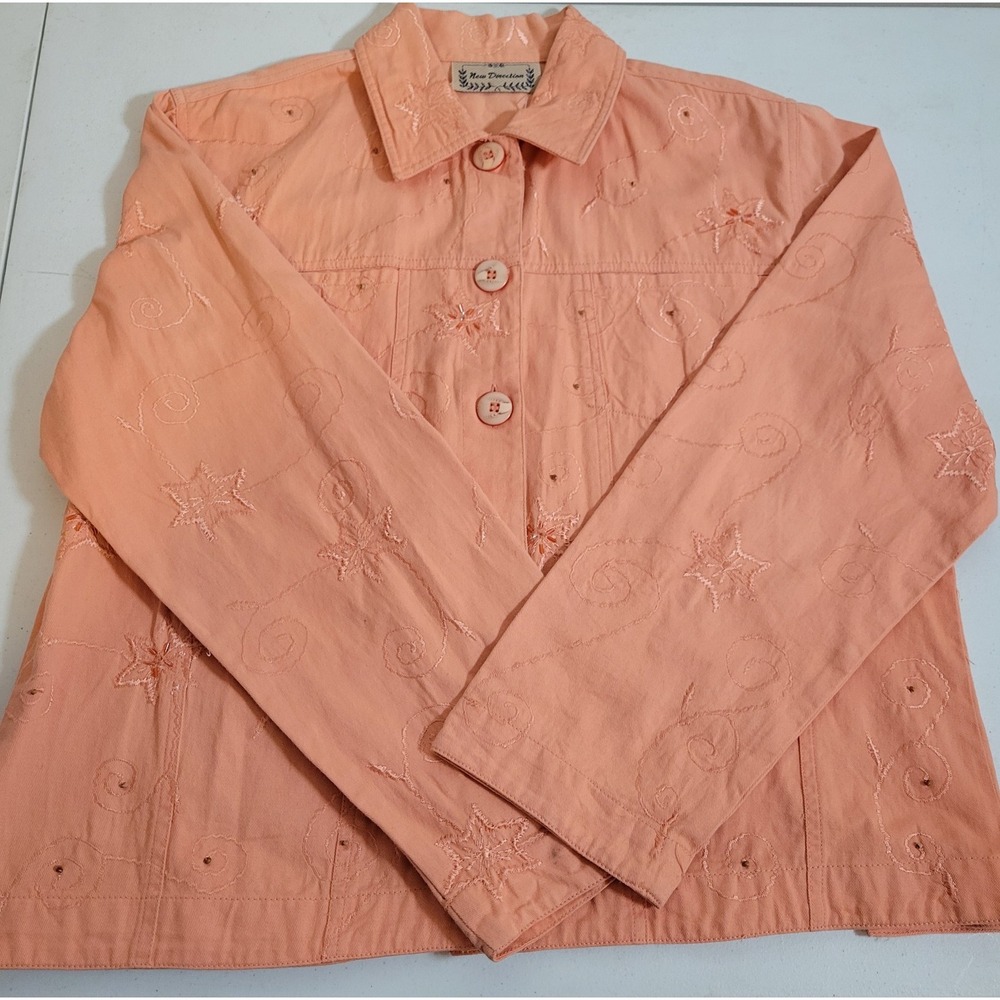 New Direction Denim Jean Jacket Women's Large Embroidery Boho‎ Hippie Artsy 0108